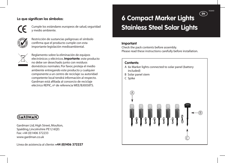 Gardman 6 Compact Marker Lights Stainless Steel Solar Lights User Manual | 12 pages