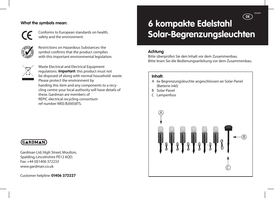 6 kompakte edelstahl solar-begrenzungsleuchten | Gardman 6 Compact Marker Lights Stainless Steel Solar Lights User Manual | Page 3 / 12