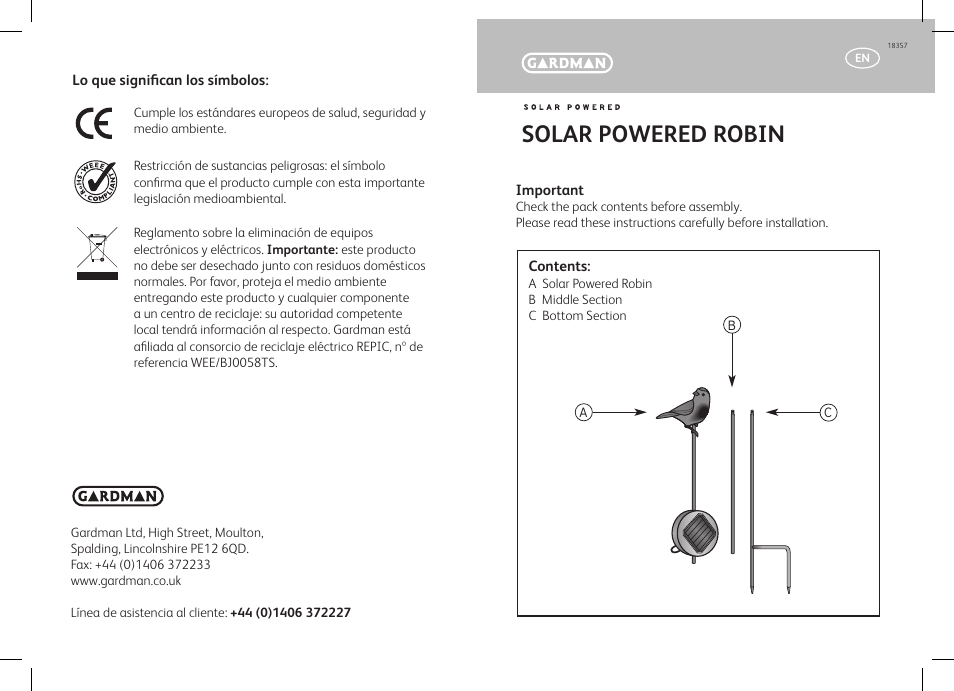 Gardman Solar Robin User Manual | 12 pages