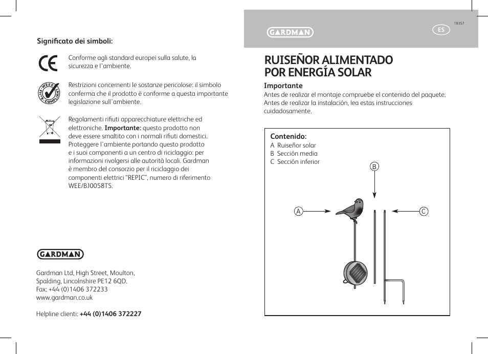 Ruiseñor alimentado por energía solar | Gardman Solar Robin User Manual | Page 11 / 12