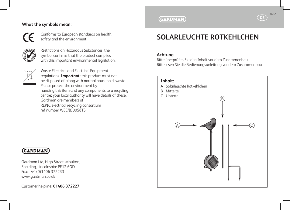 Solarleuchte rotkehlchen | Gardman Solar Robin User Manual | Page 3 / 12