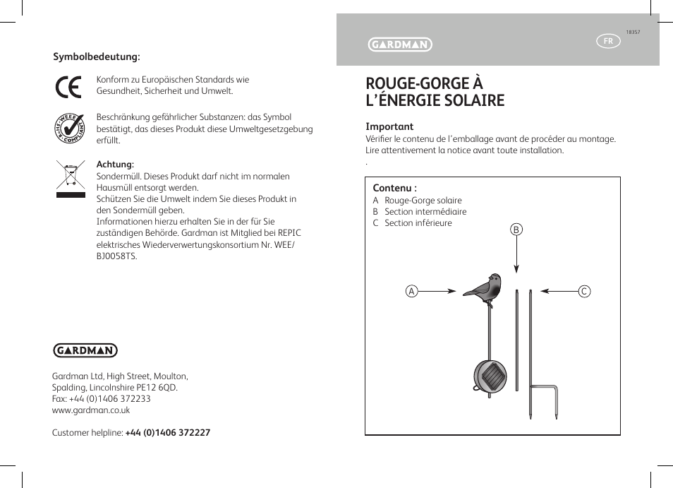 Rouge-gorge à l’énergie solaire | Gardman Solar Robin User Manual | Page 5 / 12