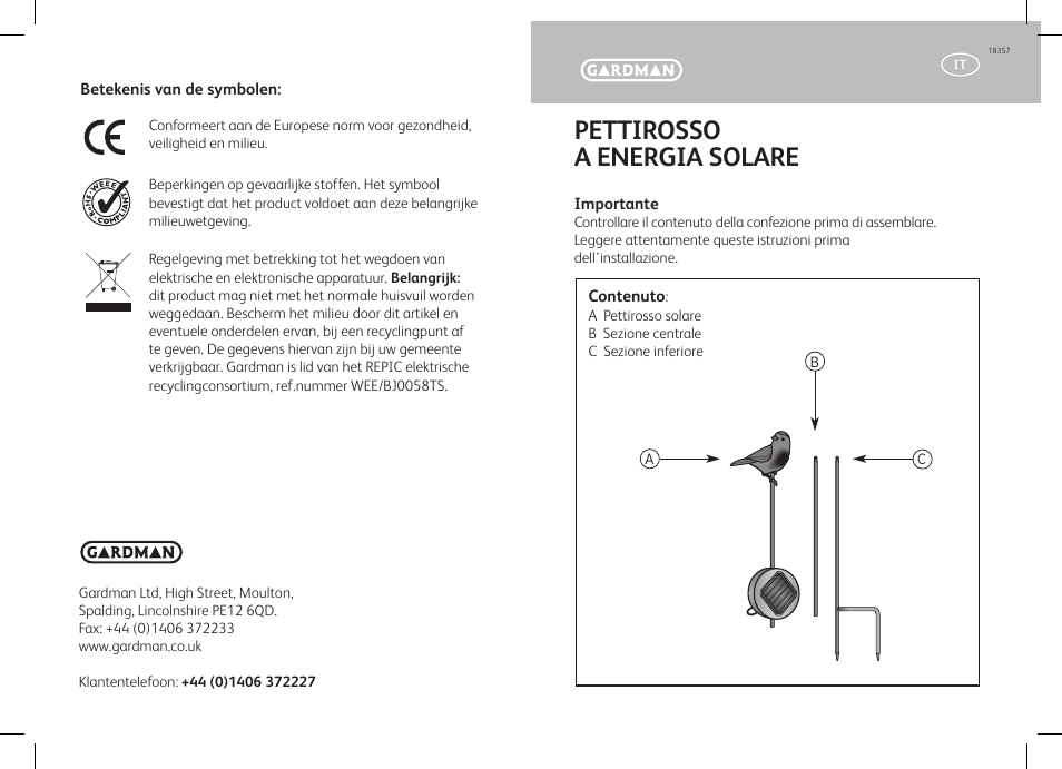 Pettirosso a energia solare | Gardman Solar Robin User Manual | Page 9 / 12