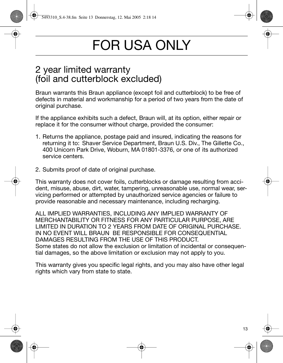 For usa only | Braun 7526 User Manual | Page 13 / 35