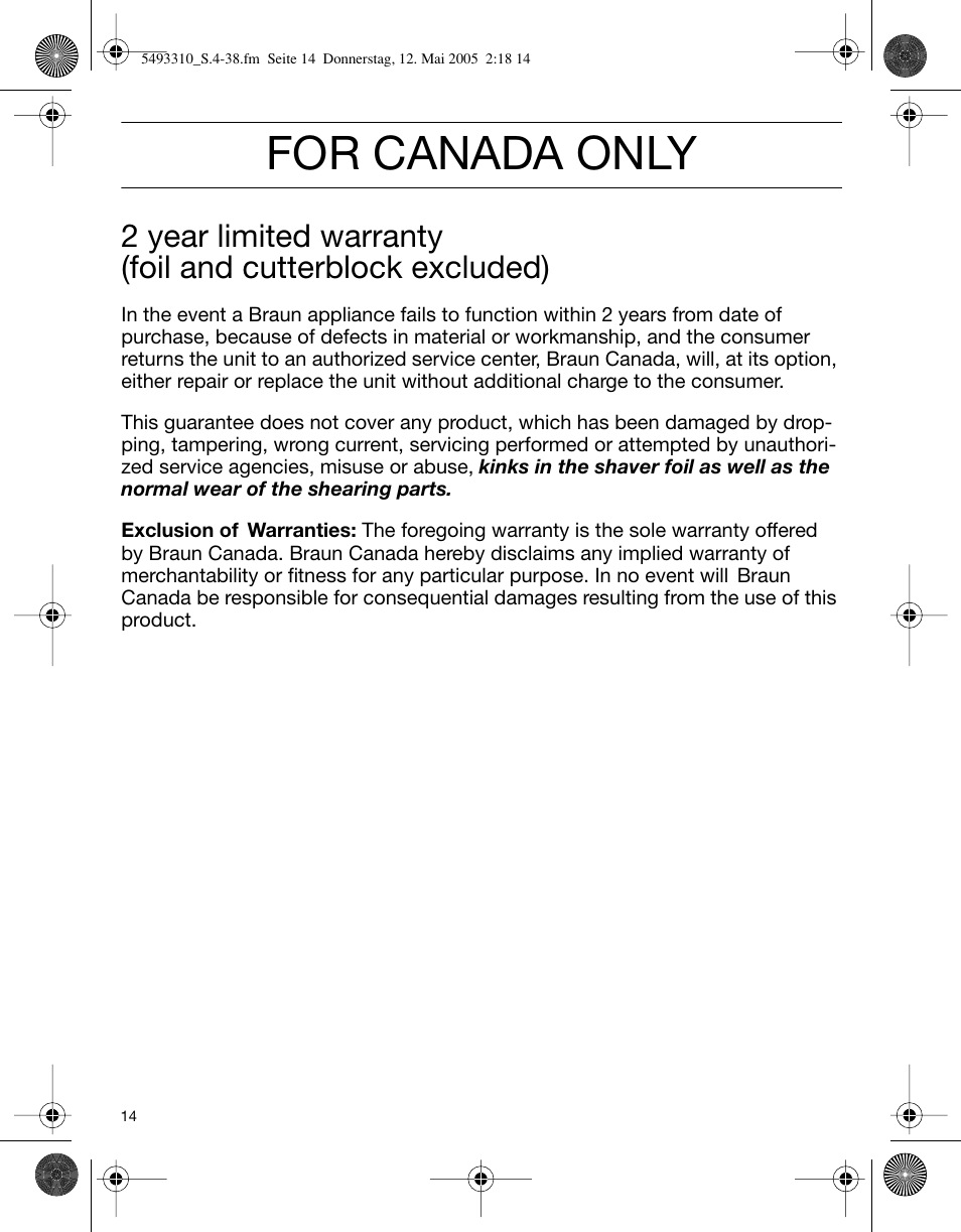 For canada only | Braun 7526 User Manual | Page 14 / 35