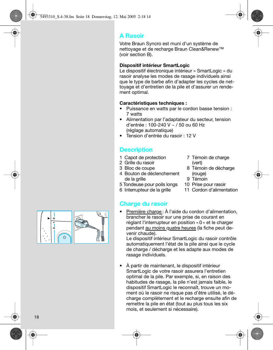 A rasoir, Description, Charge du rasoir | Braun 7526 User Manual | Page 18 / 35