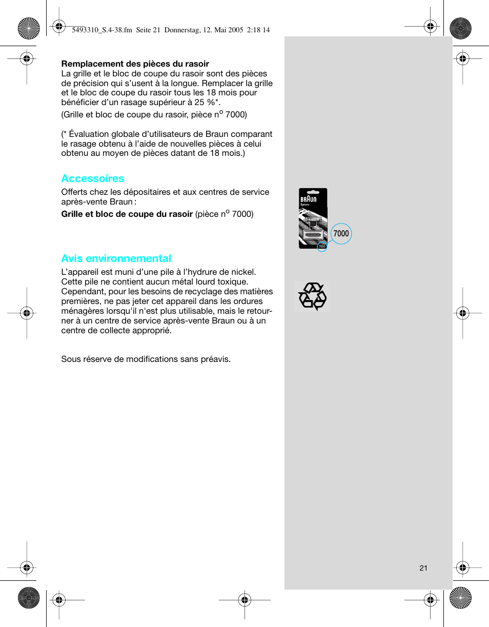 Accessoires, Avis environnemental | Braun 7526 User Manual | Page 21 / 35