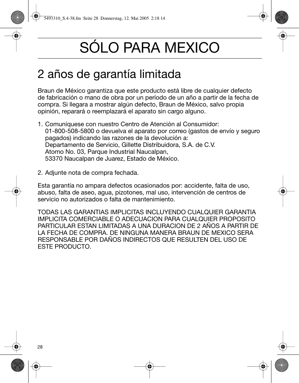 Sólo para mexico, 2 años de garantía limitada | Braun 7526 User Manual | Page 28 / 35