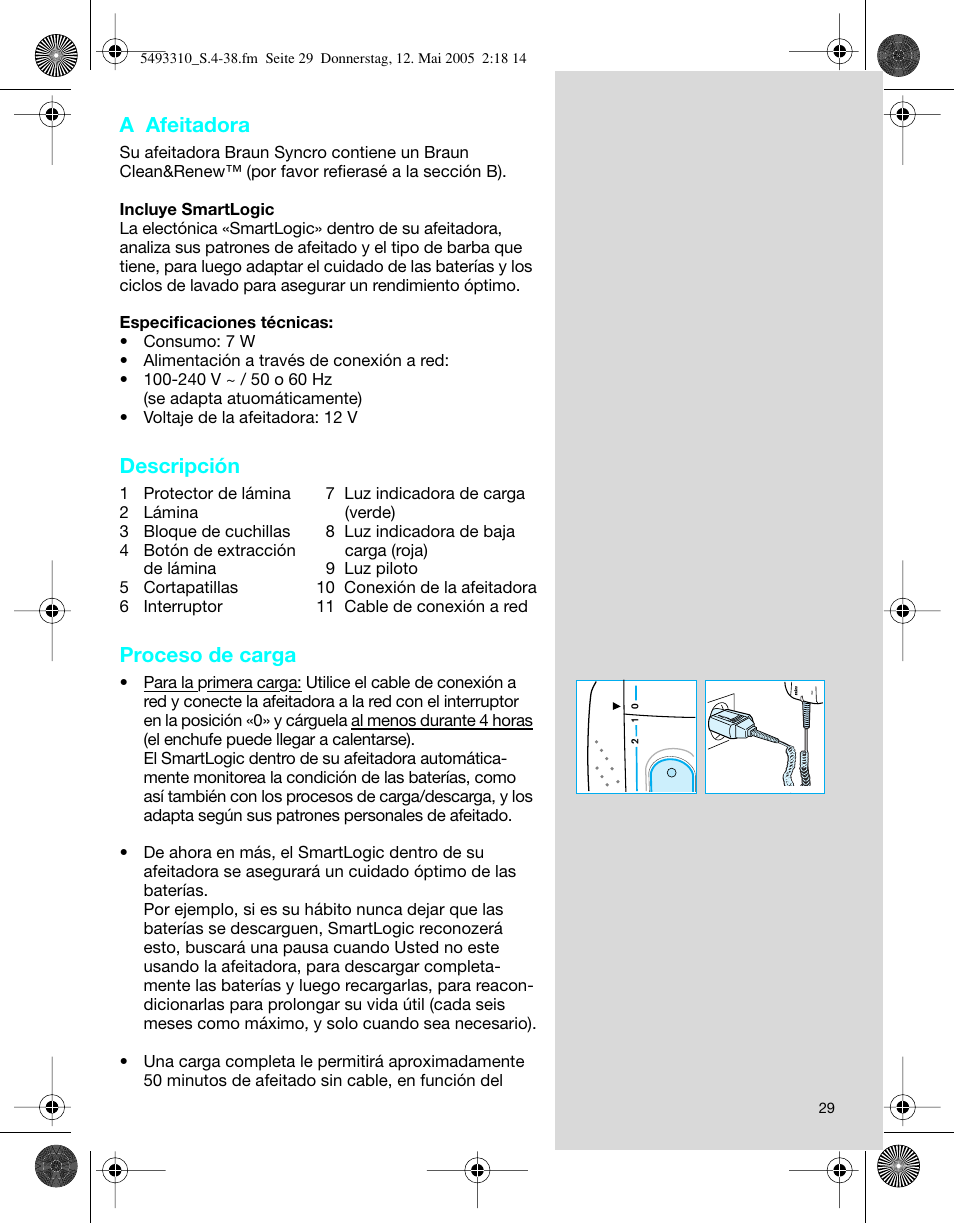 A afeitadora, Descripción, Proceso de carga | Braun 7526 User Manual | Page 29 / 35