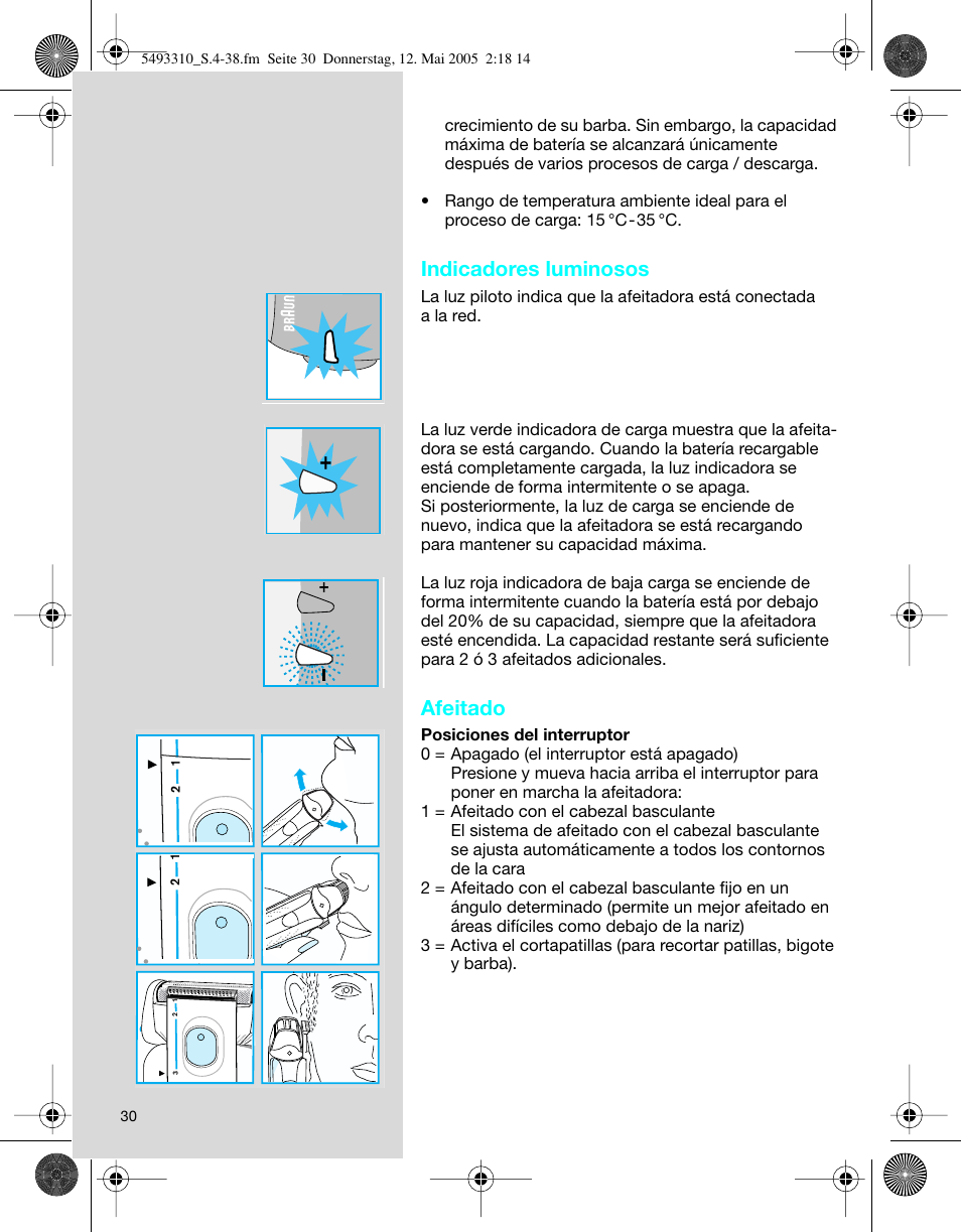 Indicadores luminosos, Afeitado | Braun 7526 User Manual | Page 30 / 35