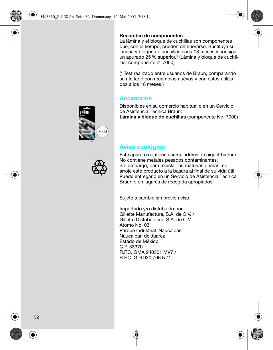 Accesorios, Aviso ecológico | Braun 7526 User Manual | Page 32 / 35