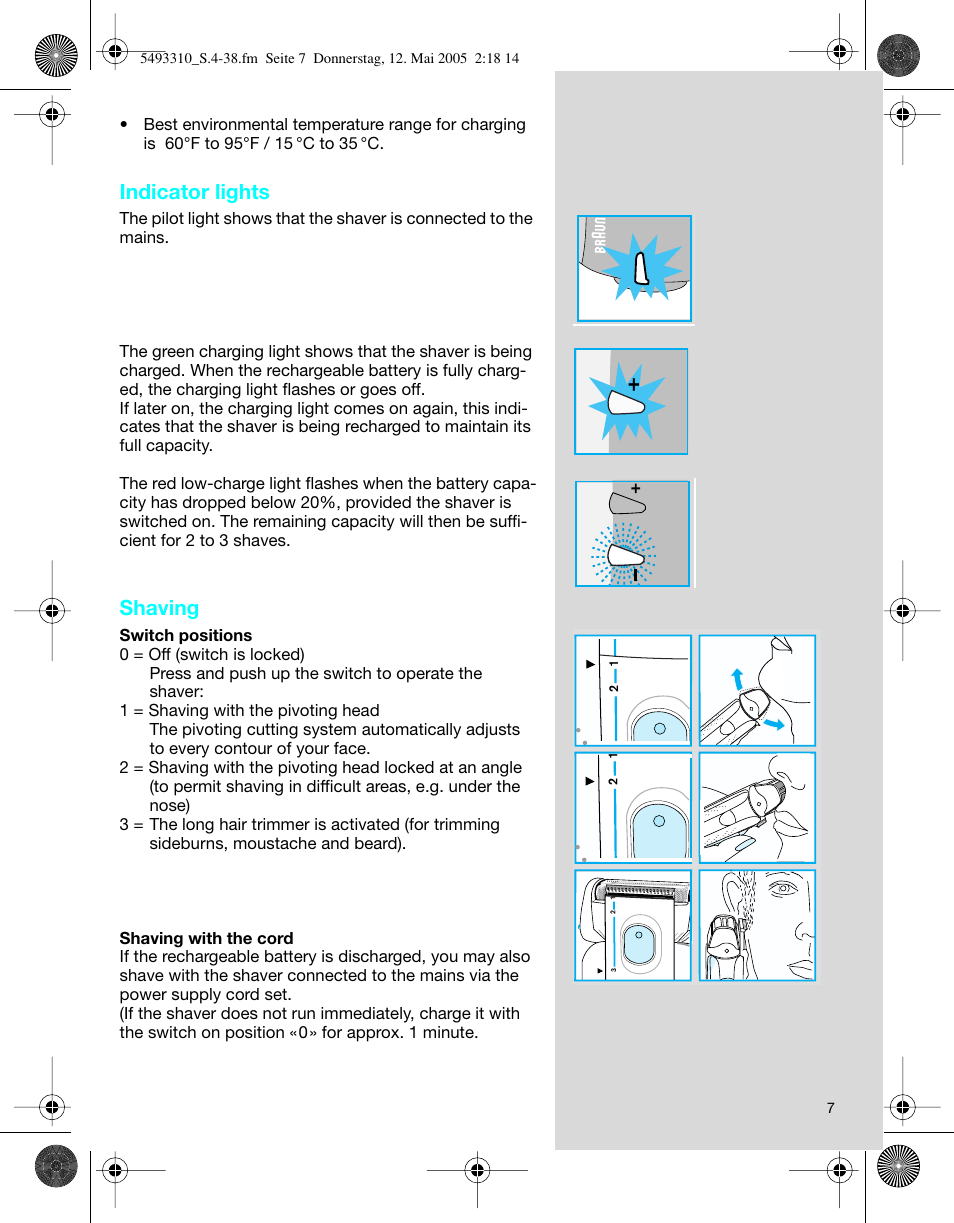 Indicator lights, Shaving | Braun 7526 User Manual | Page 7 / 35