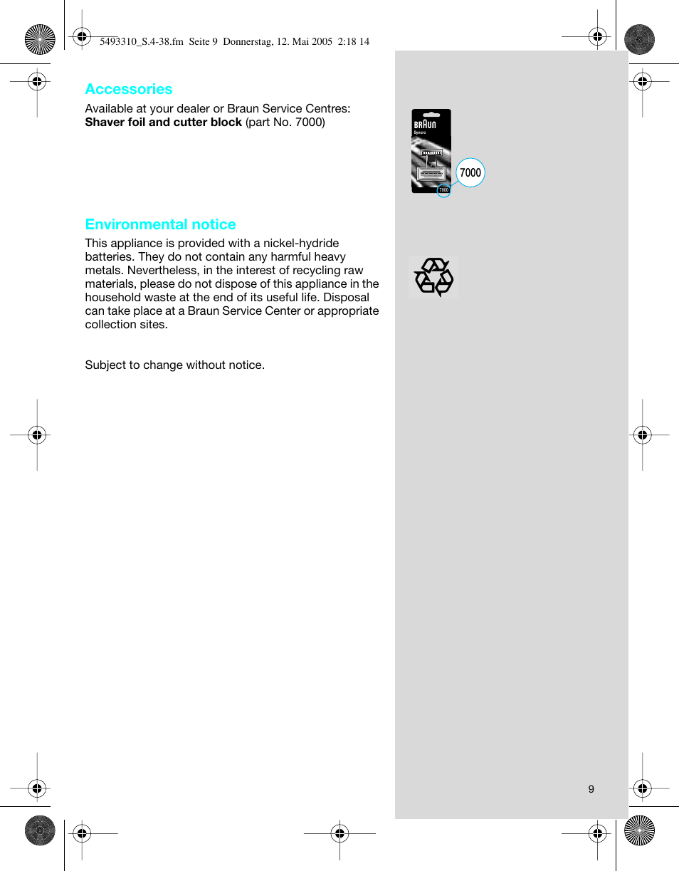 Accessories, Environmental notice | Braun 7526 User Manual | Page 9 / 35