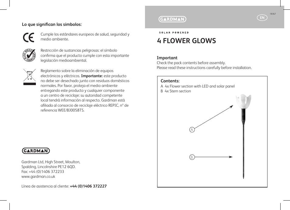 Gardman 4 Flower Glows User Manual | 12 pages