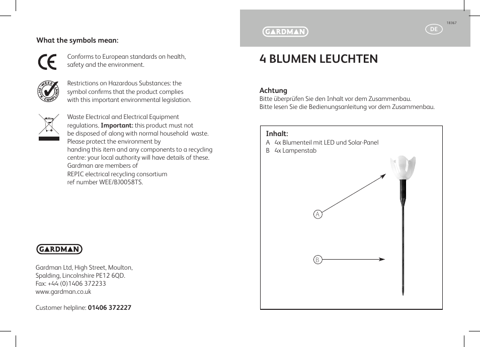 4 blumen leuchten | Gardman 4 Flower Glows User Manual | Page 3 / 12