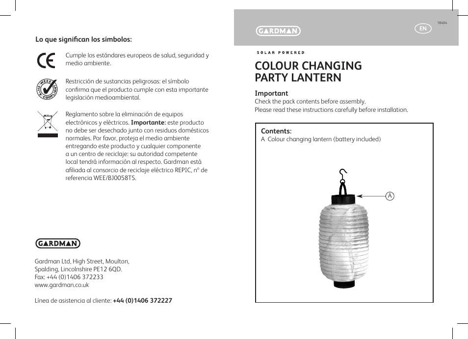 Gardman Colour Changing Party Lantern User Manual | 12 pages