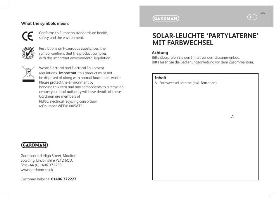 Solar-leuchte ‘partylaterne’ mit farbwechsel | Gardman Colour Changing Party Lantern User Manual | Page 3 / 12