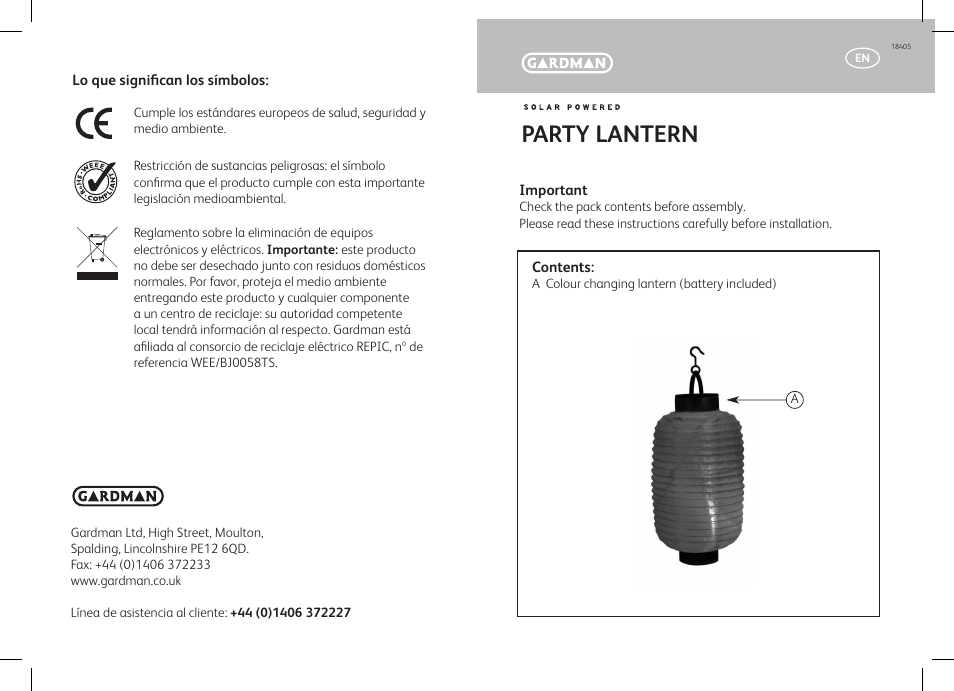 Gardman Party Lantern v1 User Manual | 12 pages