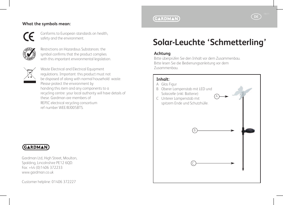 Solar-leuchte ‘schmetterling | Gardman Butterfly Glowlight User Manual | Page 3 / 12