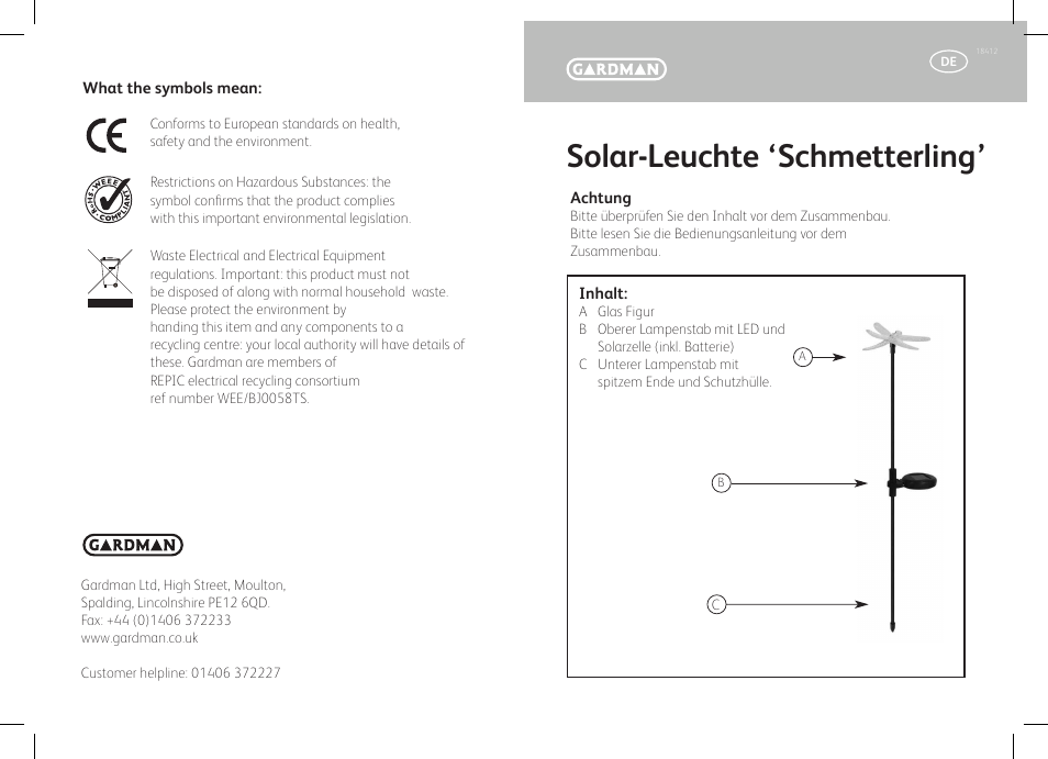 Solar-leuchte ‘schmetterling | Gardman Dragonfly Glowlight User Manual | Page 3 / 12