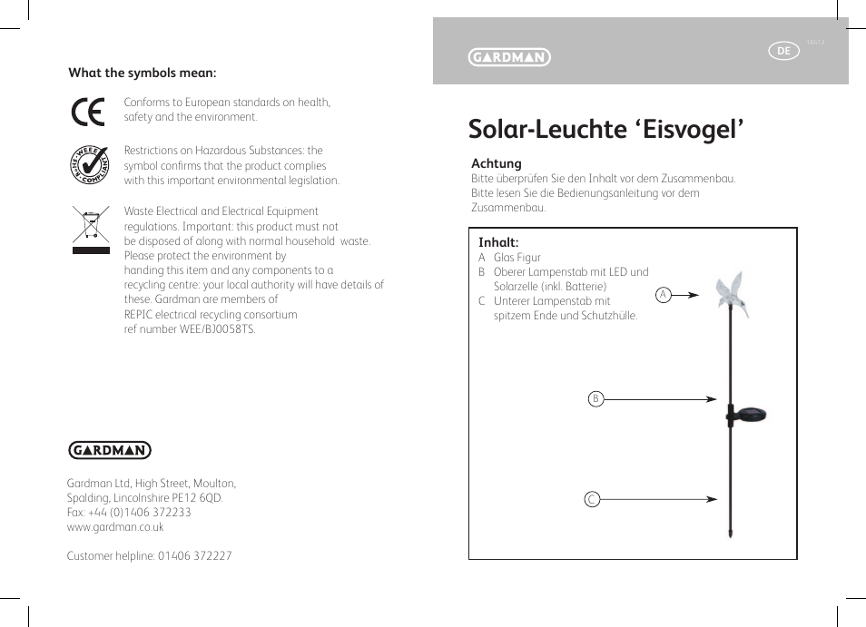 Solar-leuchte ‘eisvogel | Gardman Kingfisher Glowlight User Manual | Page 3 / 12