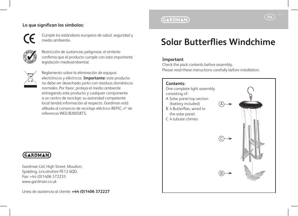 Gardman Solar Butterflies Windchime User Manual | 12 pages