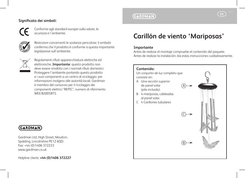 Carillón de viento ‘mariposas | Gardman Solar Butterflies Windchime User Manual | Page 11 / 12