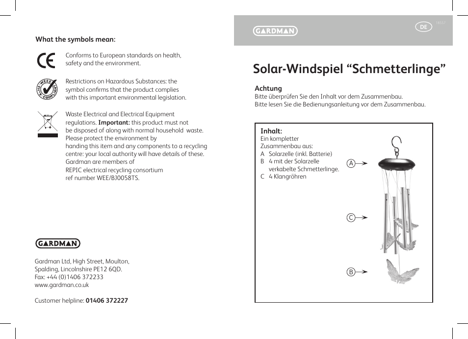 Solar-windspiel “schmetterlinge | Gardman Solar Butterflies Windchime User Manual | Page 3 / 12