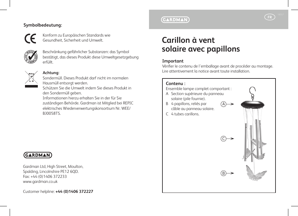 Carillon à vent solaire avec papillons | Gardman Solar Butterflies Windchime User Manual | Page 5 / 12