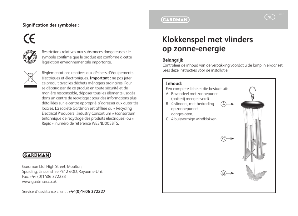 Klokkenspel met vlinders op zonne-energie | Gardman Solar Butterflies Windchime User Manual | Page 7 / 12