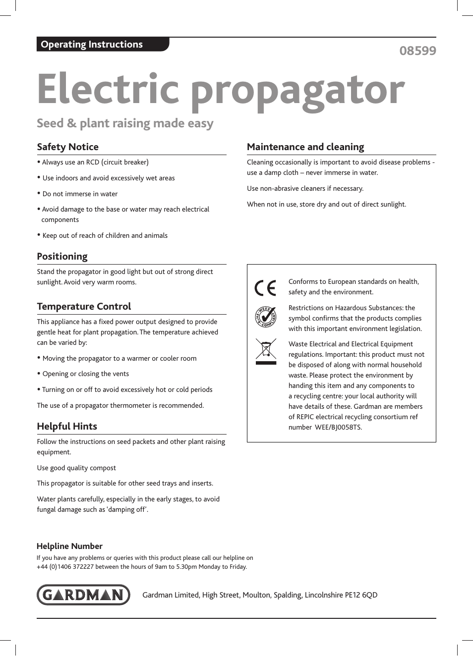 Gardman Electric propagator User Manual | 1 page