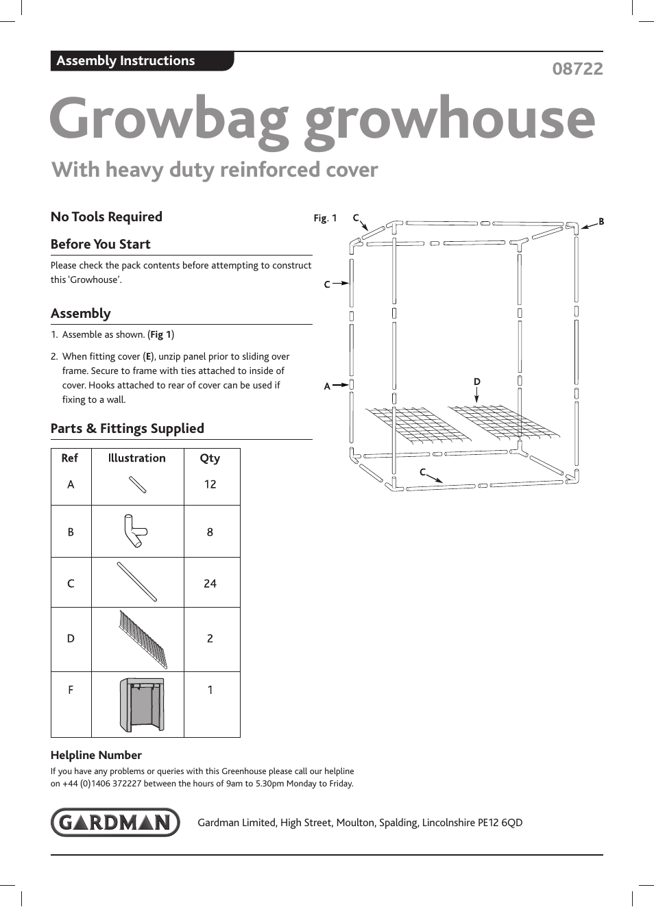 Gardman Growbag growhouse Reinforced User Manual | 1 page