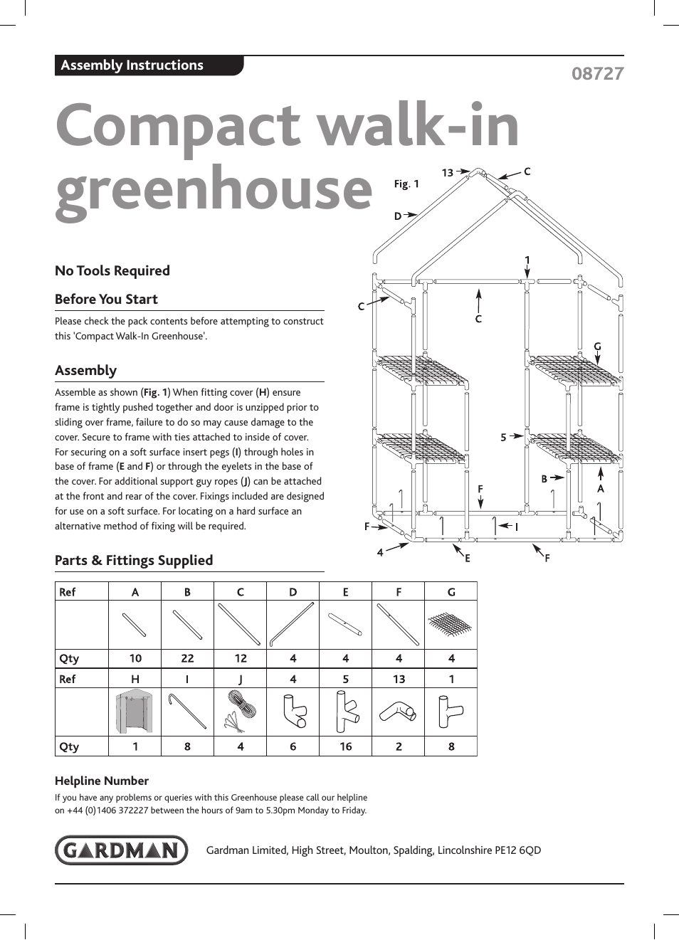 Gardman Compact walk-in greenhouse User Manual | 1 page