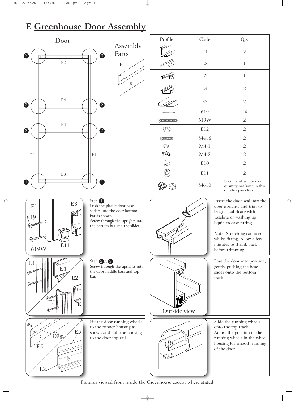 E greenhouse door assembly, Door assembly parts | Gardman Lean-to Greenhouse User Manual | Page 10 / 12