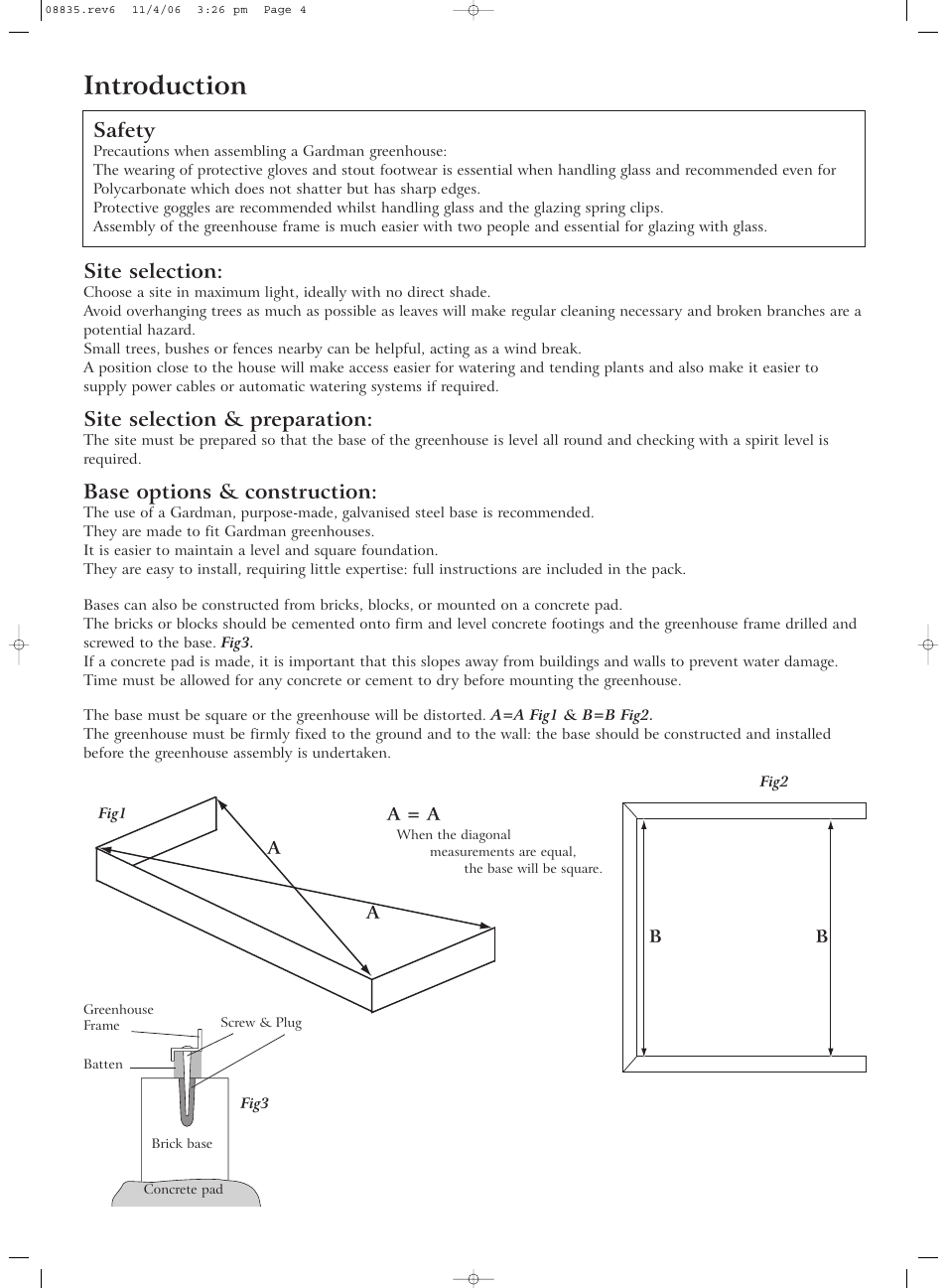 Introduction, Safety, Site selection | Site selection & preparation, Base options & construction | Gardman Lean-to Greenhouse User Manual | Page 4 / 12