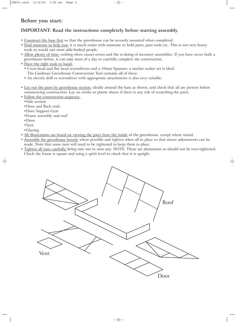 Before you start, Roof door vent | Gardman Lean-to Greenhouse User Manual | Page 5 / 12