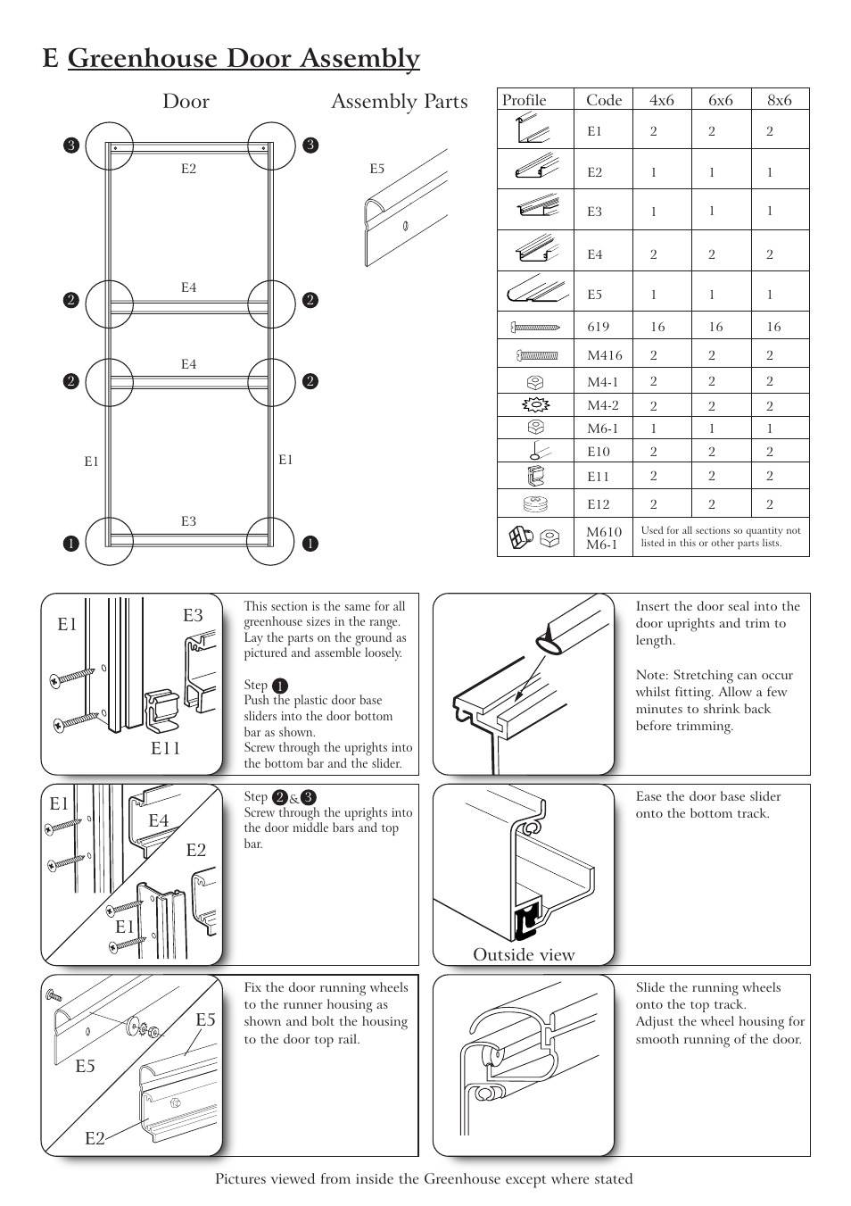 E greenhouse door assembly, Door assembly parts, E2 e5 | Gardman Alum Greenhouse User Manual | Page 10 / 12