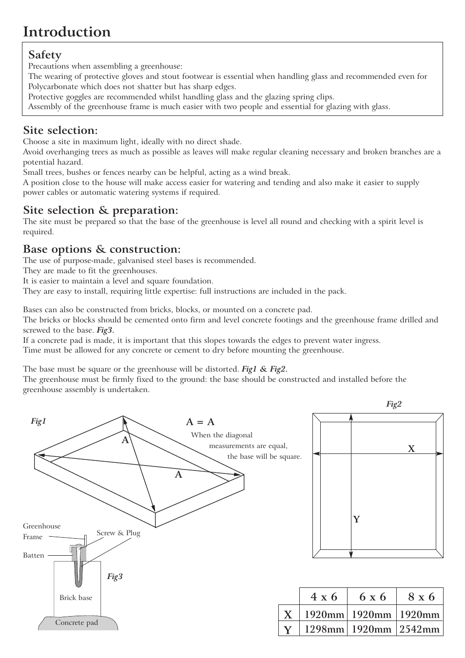 Introduction, Safety, Site selection | Site selection & preparation, Base options & construction, Yx 4 x 6, 6 x 6 8 x 6 | Gardman Alum Greenhouse User Manual | Page 4 / 12