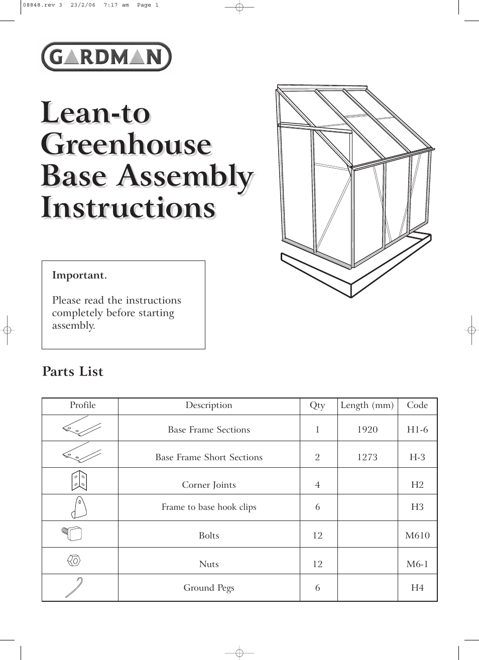 Gardman Lean-to Greenhouse User Manual | 2 pages