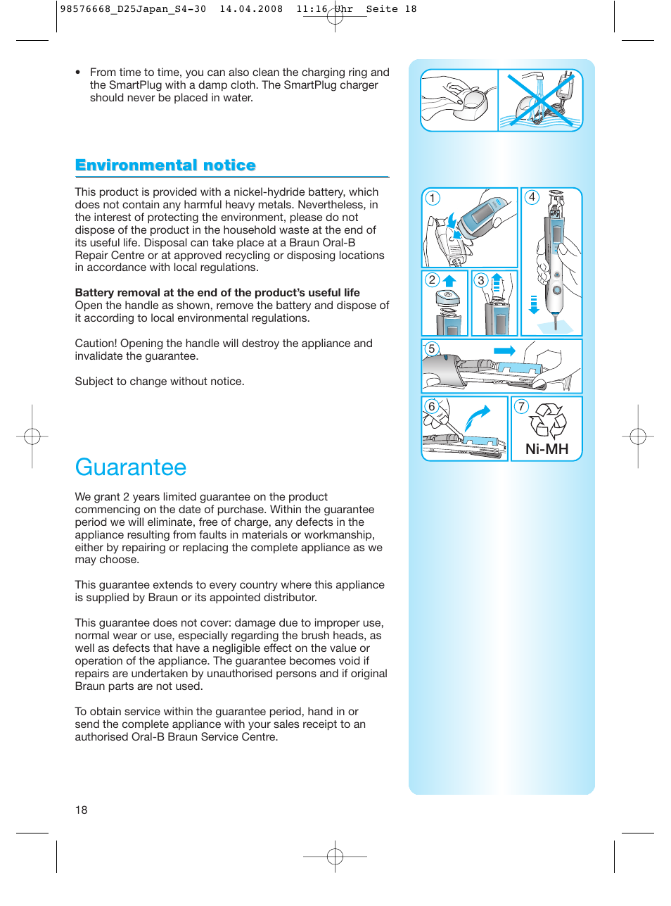 Guarantee, Envir, Envir onmental notice onmental notice | Braun Denta-Pride Toothbrush User Manual | Page 18 / 29