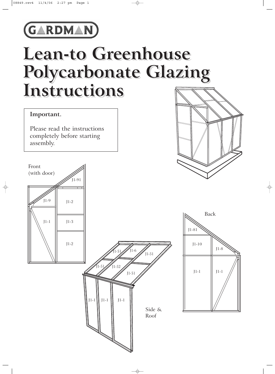 Gardman Lean-to Greenhouse Polycarbonate Glazing User Manual | 4 pages