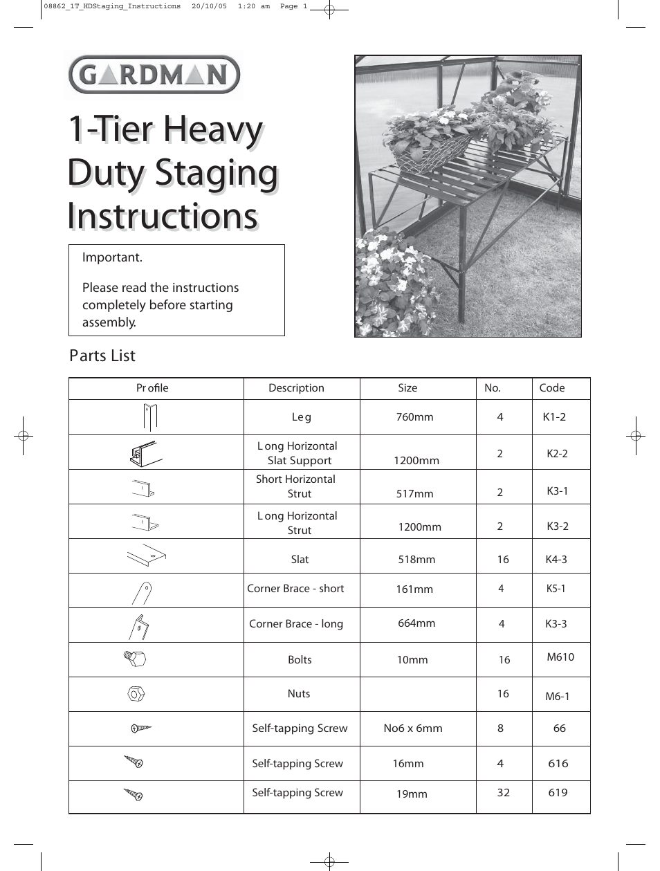 Gardman 1-Tier Heavy Duty Staging User Manual | 2 pages