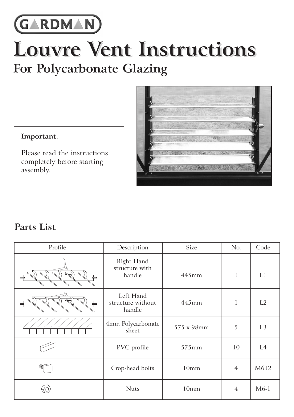 Gardman LLouvre Vent User Manual | 2 pages