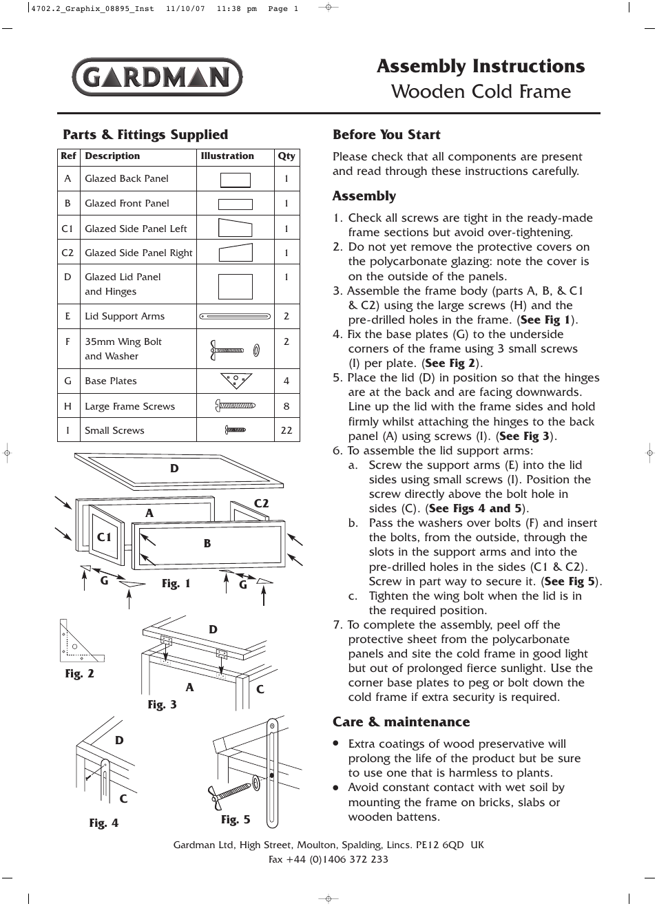 Gardman Wooden Cold Frame User Manual | 1 page