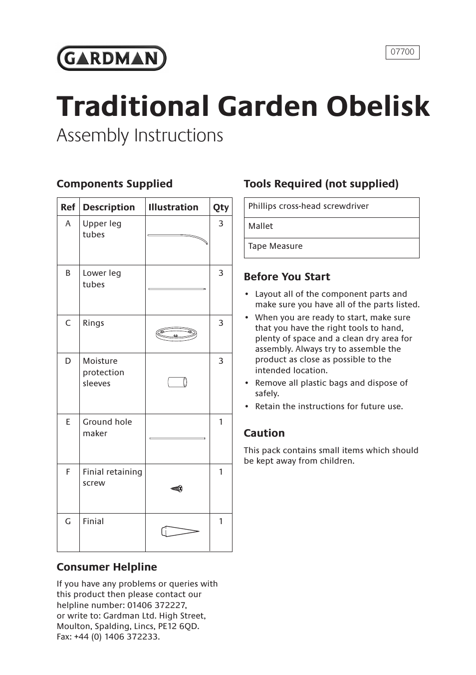 Gardman Traditional Garden Obelisk User Manual | 2 pages