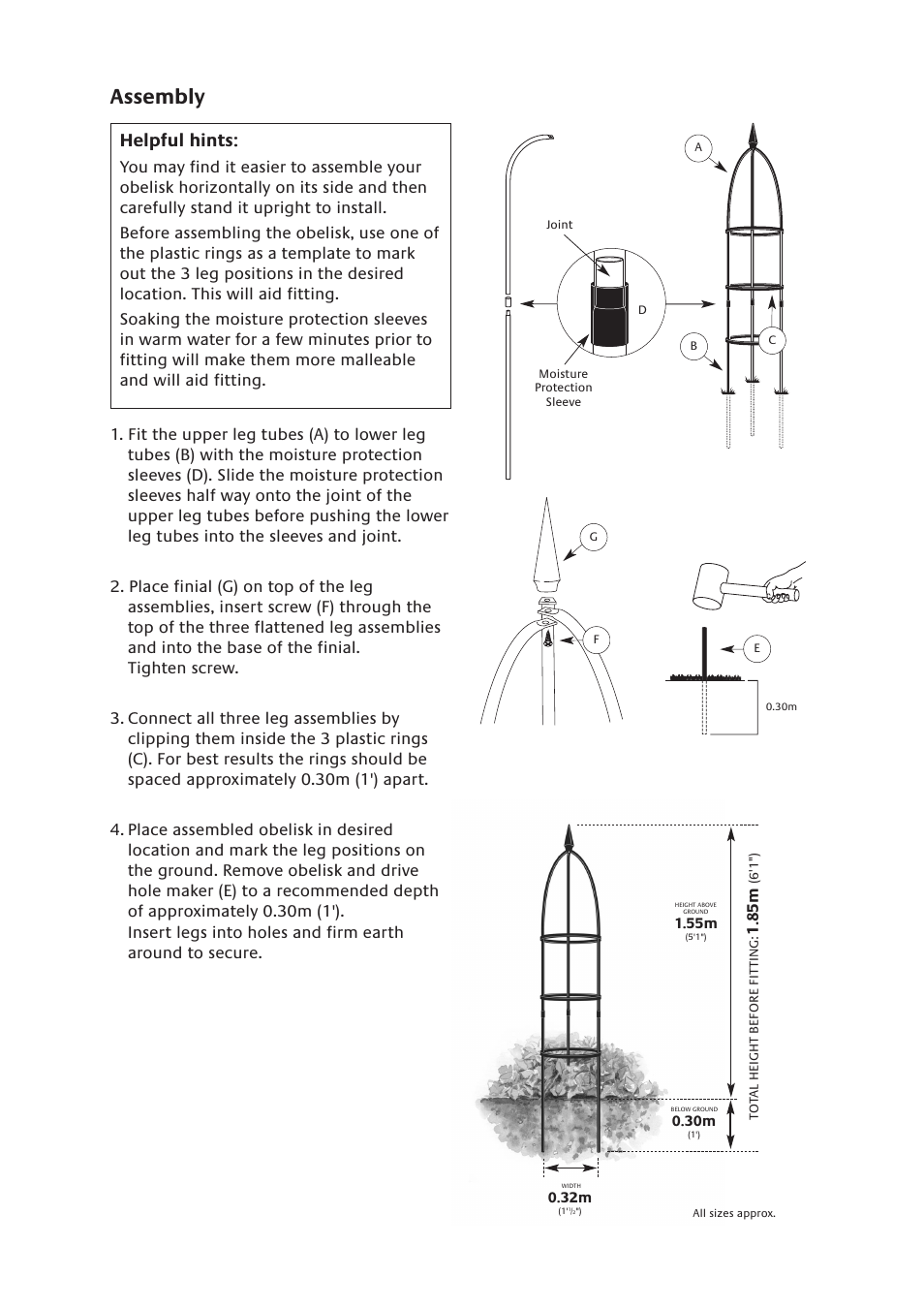 Assembly, Helpful hints | Gardman Traditional Garden Obelisk User Manual | Page 2 / 2