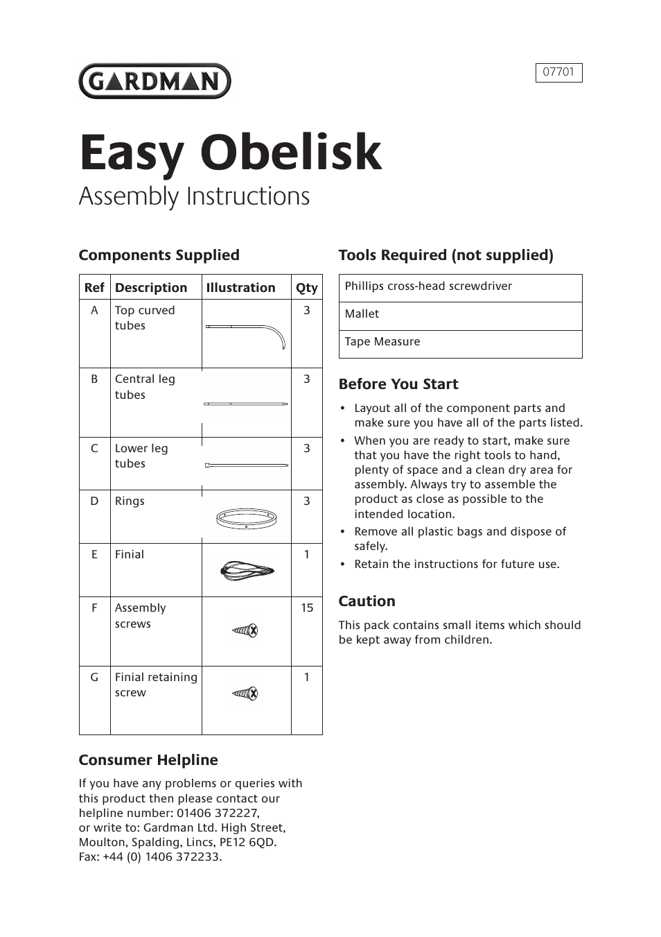 Gardman Easy Obelisk User Manual | 2 pages