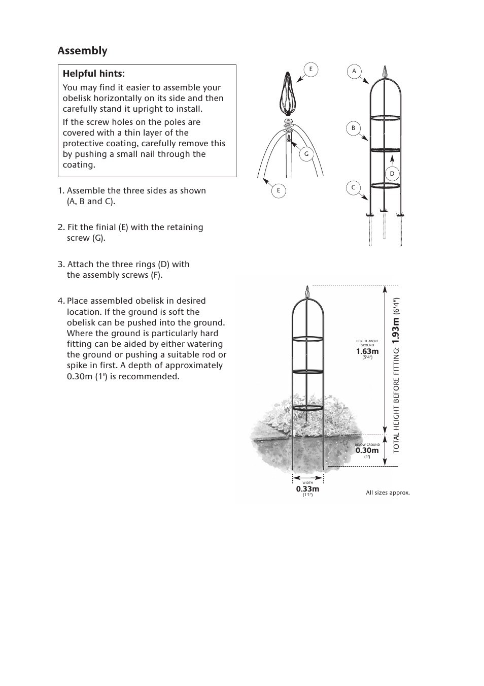 Assembly, Helpful hints | Gardman Easy Obelisk User Manual | Page 2 / 2