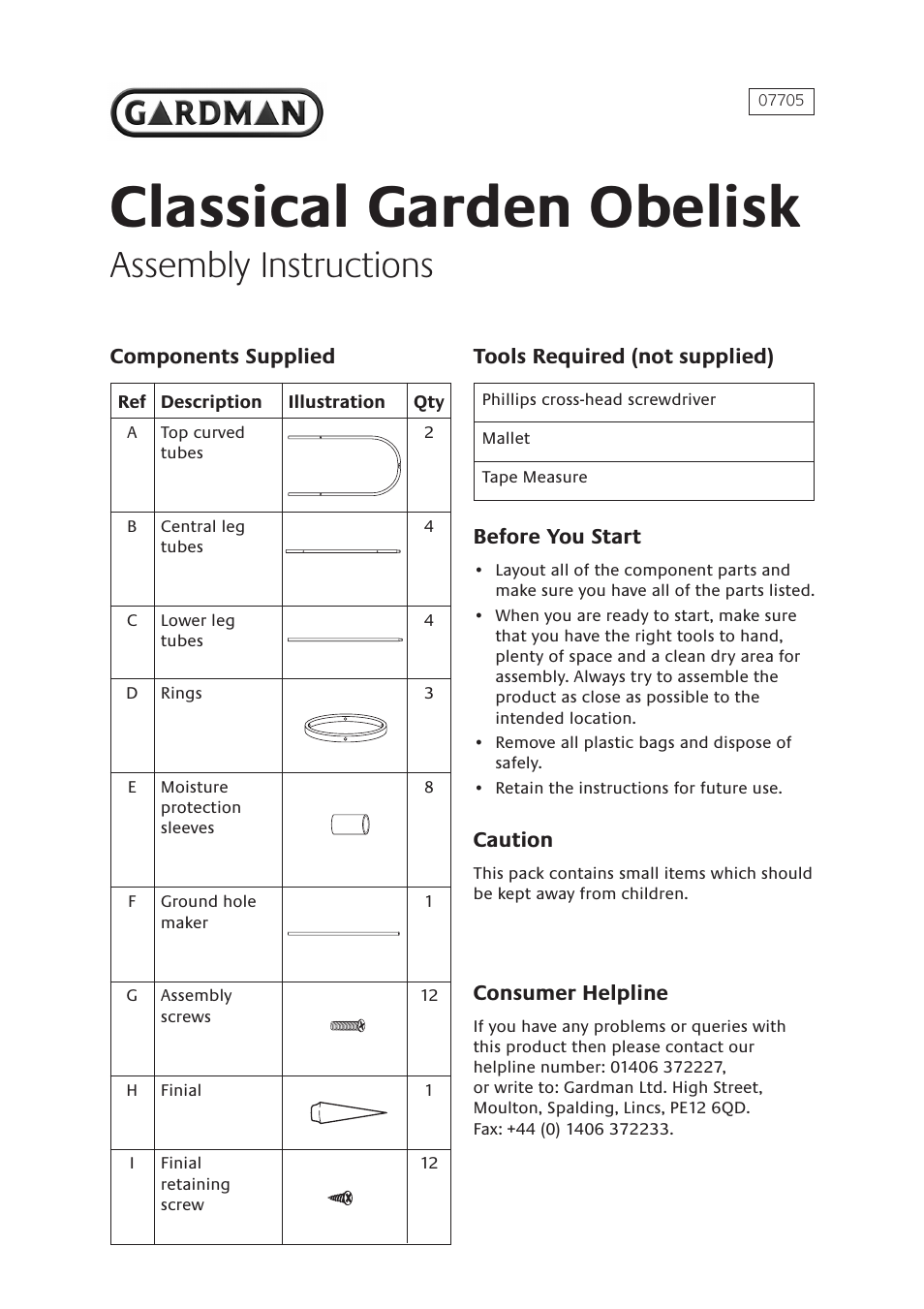 Gardman Classical Garden Obelisk User Manual | 2 pages