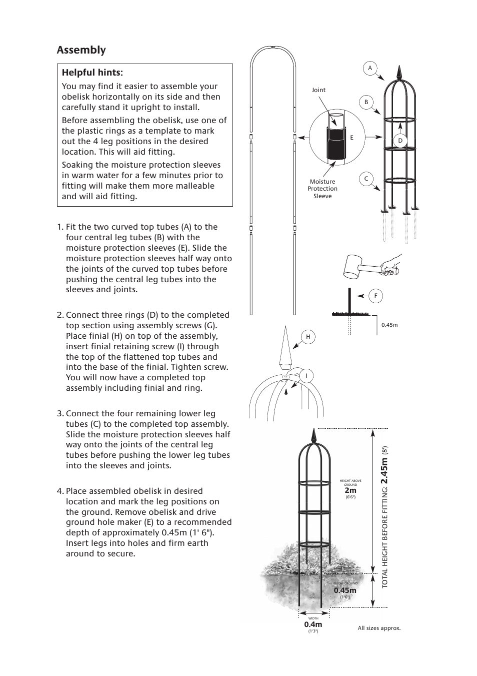 Assembly, Helpful hints | Gardman Classical Garden Obelisk User Manual | Page 2 / 2